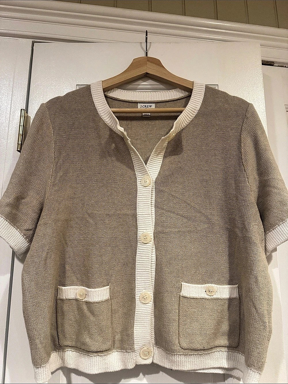 J.Crew Short-Sleeve Pocket Cardigan Brown & White Size Large